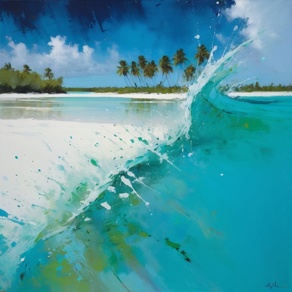 abstract, Cook Islands, as seen from the water, lagoon, white sand, palm trees, bright blue skies, green foliage, turquoise water, thick paint, block palette knife, pastel, in the style of Tony Allain, braod strokes on the knife, dots of paint, splatter, water drops, transparent in places,