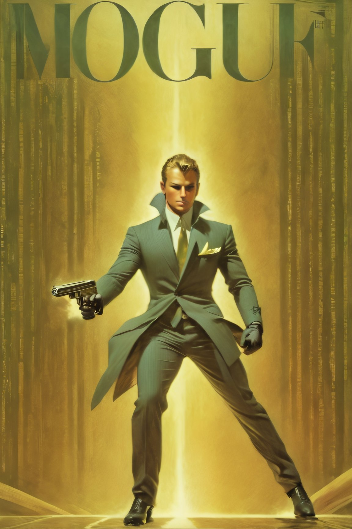 art by Masamune Shirow, art by J.C. Leyendecker, art by boris vallejo, a masterpiece, stunning beauty, hyper-realistic oil painting, vibrant colors, a James Bond type character, dark chiarascuro lighting, aiming a Luger pistol at the viewer, fighting bad guys, driving an Aston Martin, a telephoto shot, 1000mm lens, f2,8,vertical lines of green matrix code