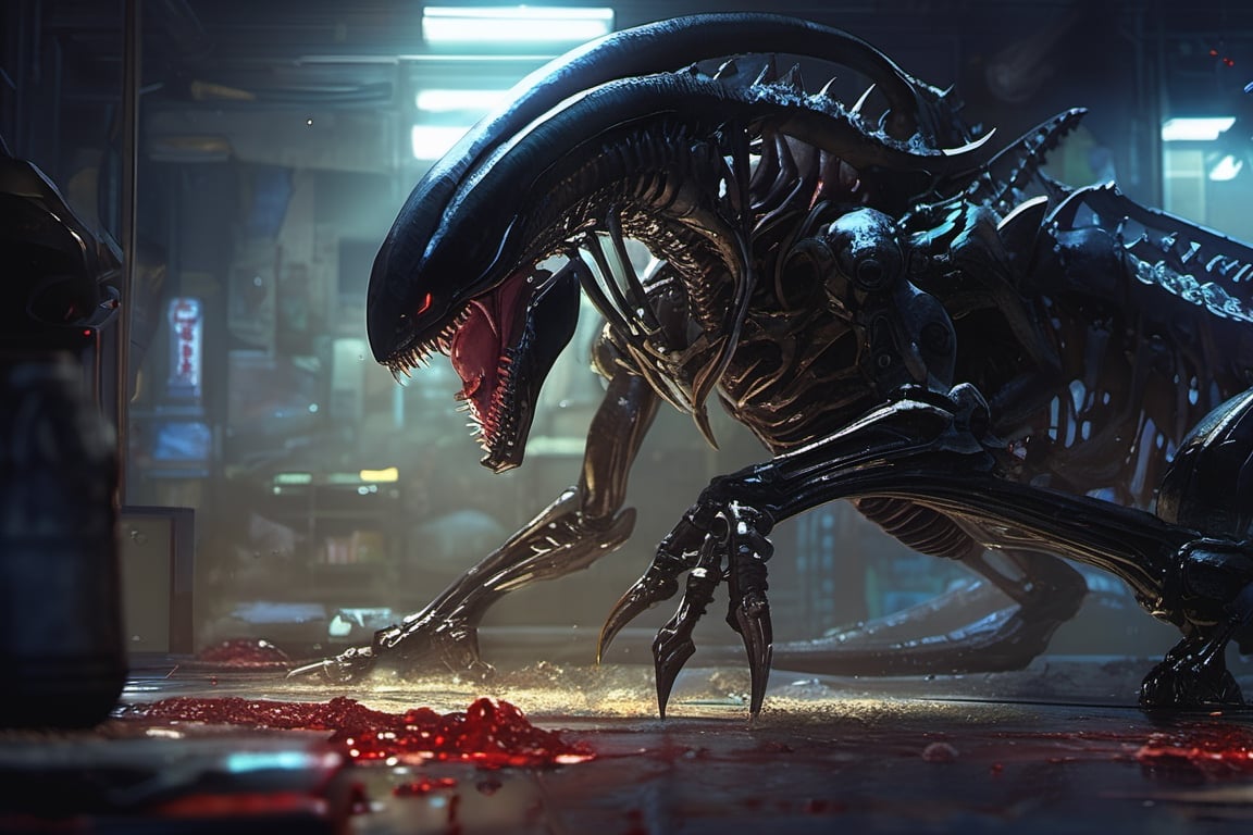 Retro anime artwork, xenomorph + tyranid, biomechanical,crawling, all Fours,ornaments, filigree, crimson, heroic, dramatic, anime style, watercolor wash, internet horror_Eldrich_abomination,body horror, noise in the photo ,(ultra realistic photo shot in a dark studio), (masterpiece, top quality, best quality) best quality, high resolution scan, (photo by Canon 5d, 50mm ZEISS lens), extreme detailed,colorful,highest detailed ((ultra-detailed)), (highly detailed CG illustration), ((an extremely delicate and beautiful)), (cinematic light),((1mechanical girl)), spreading legs, solo, full body,(machine made joints:1.2),((machanical limbs)), (character focus), horrific background,(blood:1.5), (8k uhd, hdr, dof), (professionally color graded), sharp focus, rim lighting, dimly lit ,  onOFF, acrylic painting, trending on pixiv fanbox, palette knife and brush strokes, style of makoto shinkai jamie wyeth james gilleard edward hopper greg rutkowski studio ghibli genshin impact