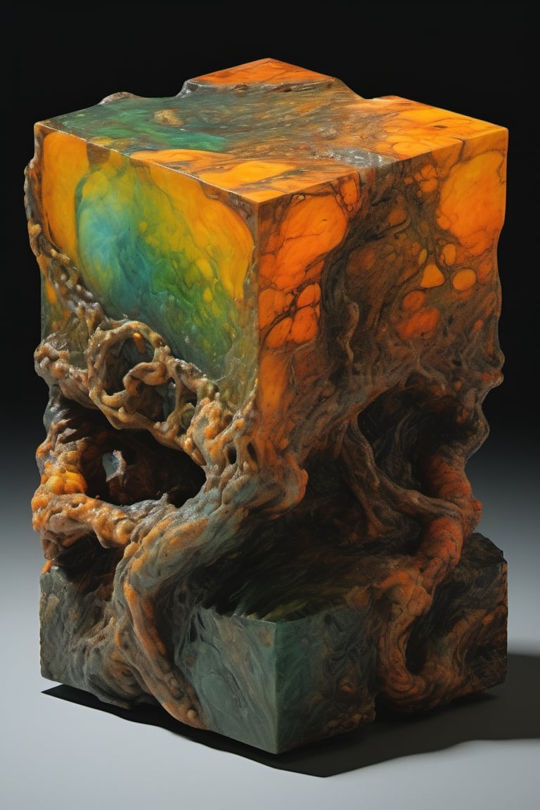 sculpture by Michelangelo , a cube shaped body, stunning beauty, hyper-realistic oil painting, vibrant colors, dark chiarascuro lighting, a telephoto shot, 1000mm lens, f2,8,Vogue,more detail XL