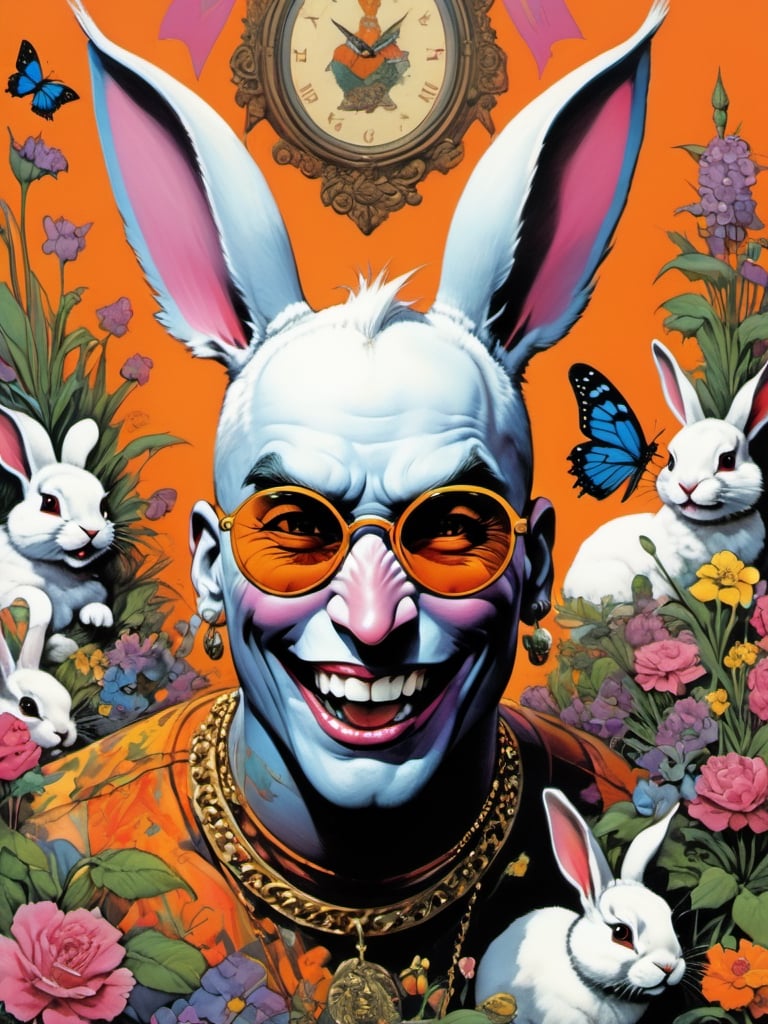 white rabbit with many baby rabbits, Easter theme, art by brom, tattoo by ed hardy, shaved hair, neck tattoos andy warhol, heavily muscled, biceps,glam gore, horror, white rabbit, rabbit hole,  demonic, hell visions, demonic women, military poster style, chequer board, vogue easter bunny portrait, Horror Comics style, art by brom, smiling, tongue out, poking tongue at viewer, lennon sunglasses, rabbit ears, rabbit nose, rabbit fur, punk hairdo, tattoo by ed hardy, shaved hair, playboy bunny outfit, bunny tail, neck tattoos by andy warhol, heavily muscled, biceps, glam gore, horror, poster style, flower garden, Easter eggs, coloured foil, oversized monarch butterflies, flower garden,