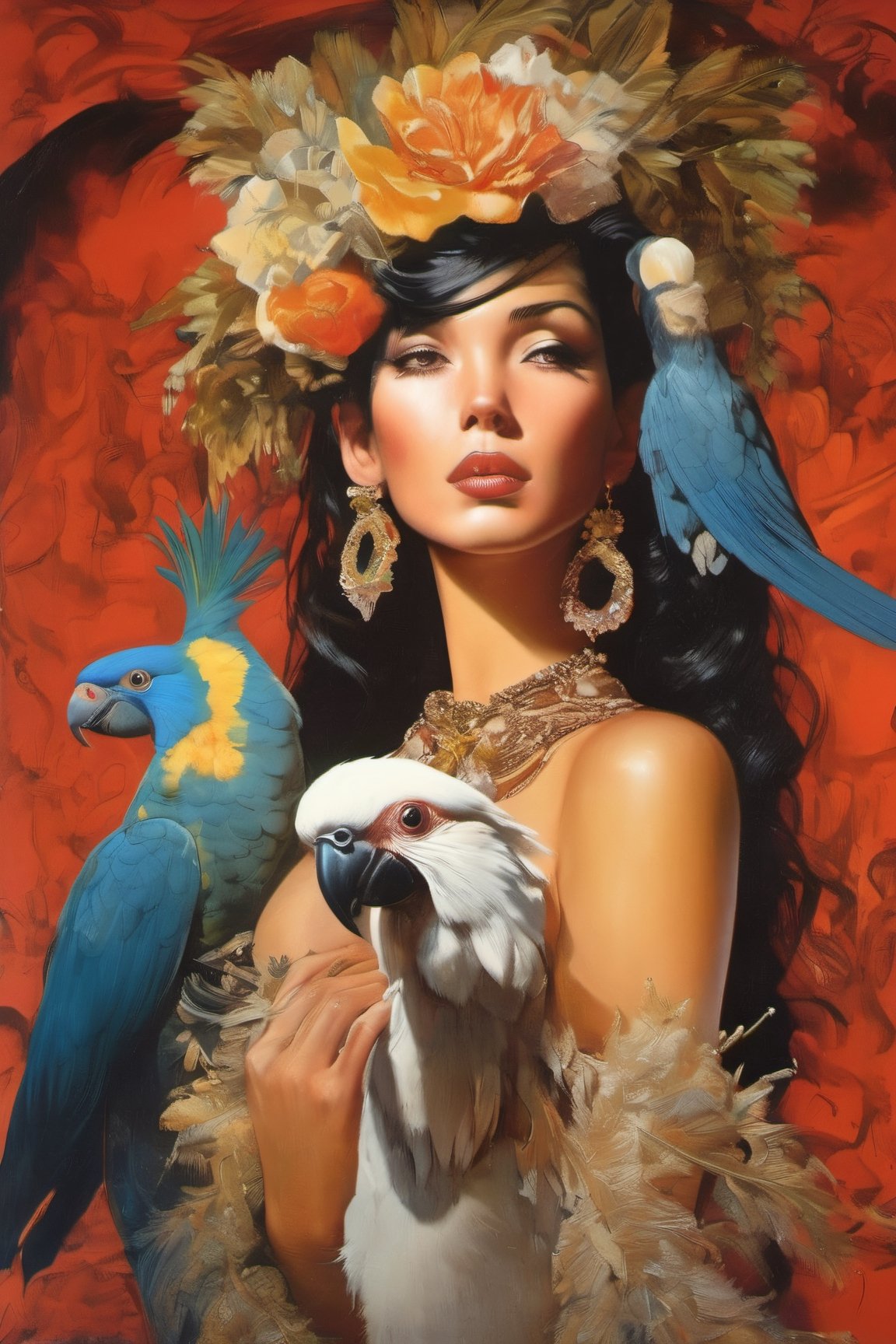 art by Masamune Shirow, art by J.C. Leyendecker, art by boris vallejo, a masterpiece, stunning beauty, hyper-realistic oil painting, vibrant colors, spanish women, 1950 art decor, 1950 art poster, black cockatoo, sulphur crested cockatoo, fashionistas, baroque style, art by armando huerta, art design by armando huertA,  tattoo by ed hardy, more detail XL,close up,Oil painting, 8k, highly detailed, Vogue style, a telephoto shot, 1000mm lens, f2,8,