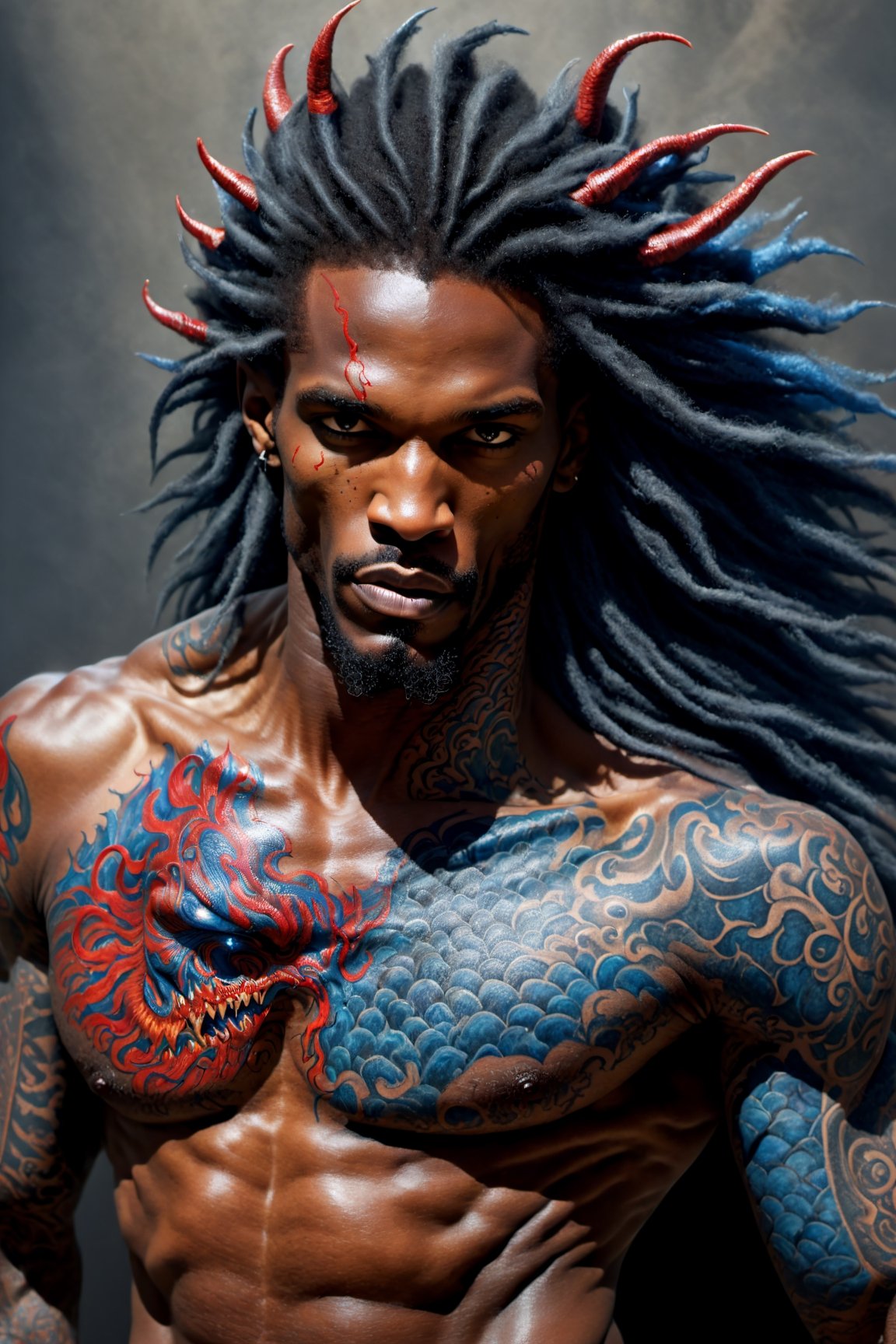 An sexy black african mans arm and shoulder, telephoto lens shot, man is staring at the viewer, raging, long hair, the arm and shoulder are  covered in a very detailed intricate red and blue dragon tattoo that is protruding outfrom the skin, coming alive, its screaming, scratching, similar to dragon tattoo by Boris Vallejo, slowly you see the small dragon tattoo in parts is coming out of the skin and becoming a real version of the tattoo, sticking out, scales, extended claws, 16K, movie still, cinematic, ,omatsuri