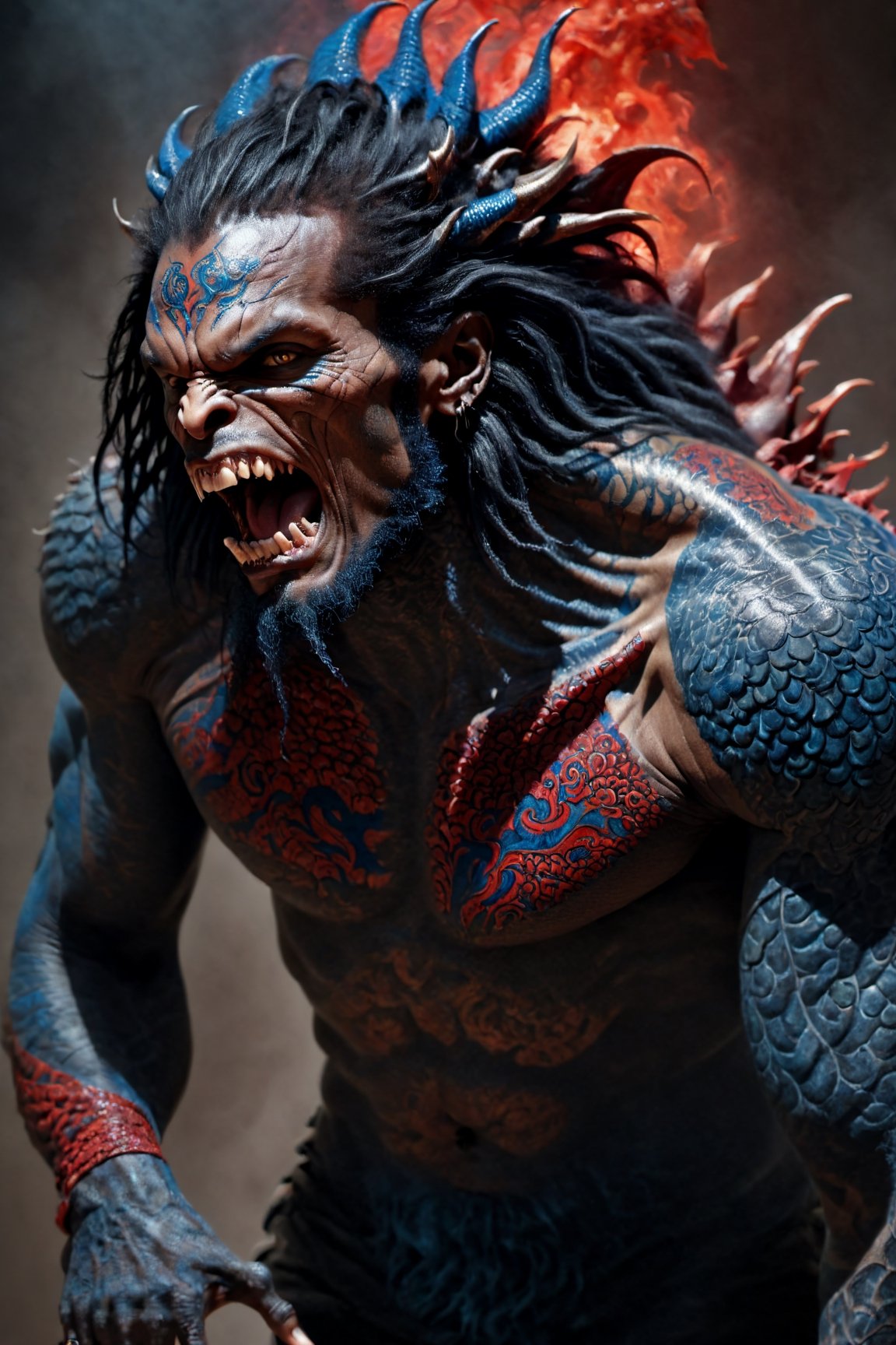 An sexy black african mans arm and shoulder, telephoto lens shot, man is staring at the viewer, raging, long hair, the arm and shoulder are  covered in a very detailed intricate red and blue dragon tattoo that is protruding outfrom the skin, coming alive, its screaming, scratching, similar to dragon tattoo by Boris Vallejo, slowly you see the small dragon tattoo in parts is coming out of the skin and becoming a real version of the tattoo, sticking out, scales, extended claws, 16K, movie still, cinematic, ,omatsuri