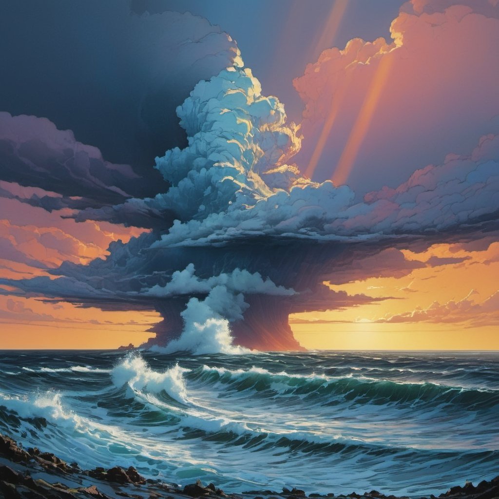  the Pacific Ocean on a stormy day, 5 metre troughs, rain, sun, splashing (((dramatic cloud formation))), poster style,  