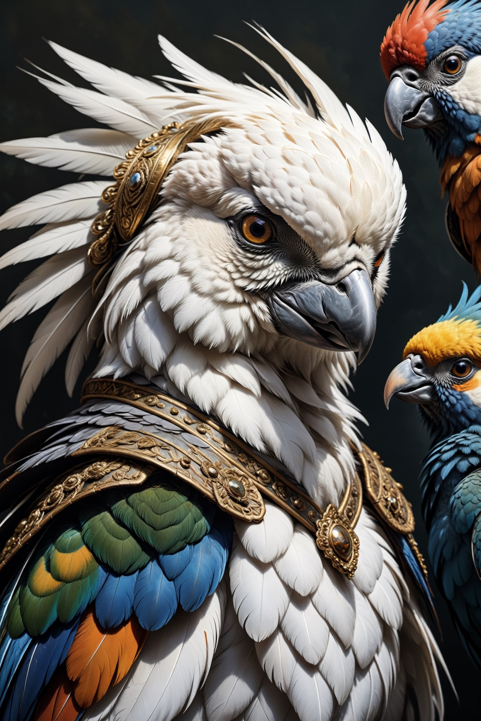 peacocks, tiger stripes,white cockatoo, baroque style, art by sergio toppi, art design by sergio toppi, military poster style, ,more detail XL,close up,Oil painting, 8k, highly detailed, in the style of esao andrews, a clse up oil portrait of a beautiful group of birds, 