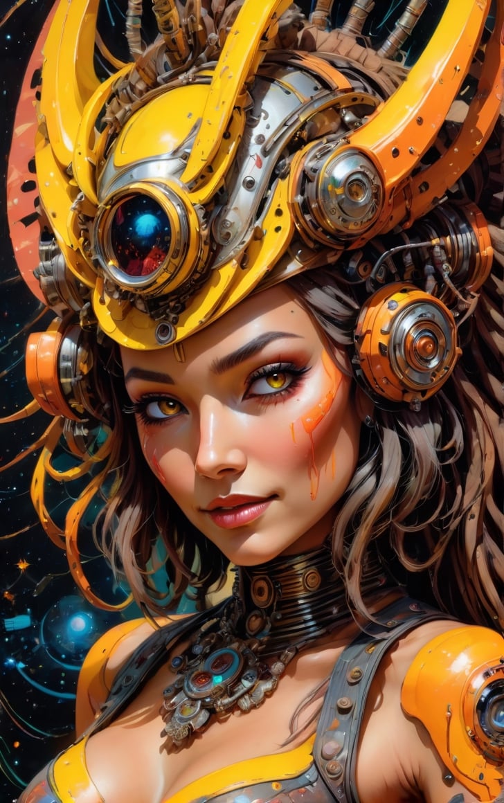 a masterpiece,  stunning beauty,  perfect face,  epic love,  Slave to the machine,  full-body,  hyper-realistic oil painting,  vibrant colors,  Body horror,  wires,   ,  native american war bonnet, a rusty and silver spotted steampunk spacesuit, women looking directly out to viewer, wry smile on her face, neon face with multiple coloured circuits on it, full face visor translucent dirty yellow colour, in the style of futuristic space, glamour,Steam punk steam punk animated gifs, xenomorph lookalike adornments, gun in hand, algorithmic artistry, frank frazetta style, perfect makeup, boris vallejo, pop art consumer culture, plain neon steampunk background, full figure pose,dripping paint,Leonardo Style,blacklight makeup,oni style