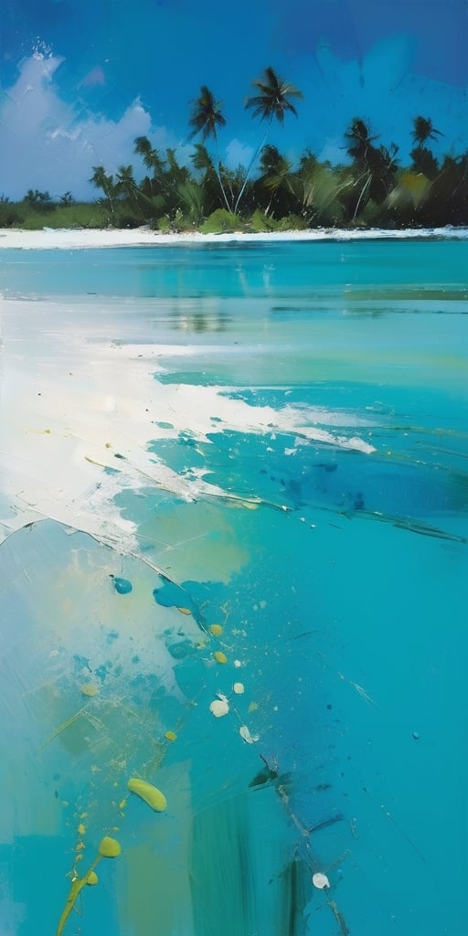 abstract, Cook Islands, as seen from the water, lagoon, white sand, palm trees, bright blue skies, green foliage, turquoise water, thick paint, block palette knife, pastel, in the style of Tony Allain, braod strokes on the knife, dots of paint, splatter, water drops, transparent in places,