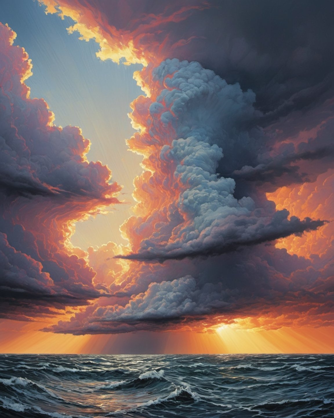  the Pacific Ocean on a stormy day, 5 metre troughs, rain, sun, splashing (((dramatic cloud formation))), poster style,  