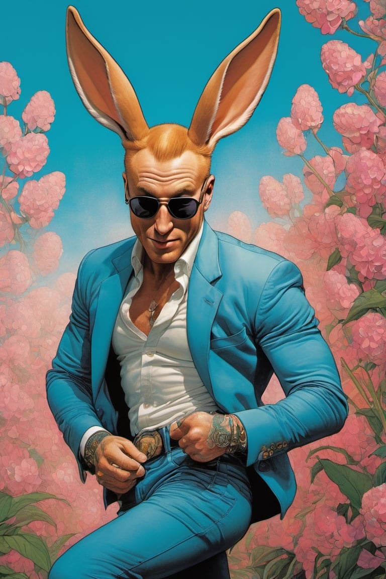 vogue cover, ginger easter bunny, portrait style, Horror Comics style, art by brom, smiling, john lennon sunglasses, rabbit ears, rabbit nose, ginger rabbit fur, punk hairdo, tattoo by ed hardy, shaved hair, playboy bunny outfit, bunny tail, neck tattoos by andy warhol, heavily muscled, biceps, glam gore, horror, poster style, flower garden, Easter eggs, flower garden, paisley patterns, 