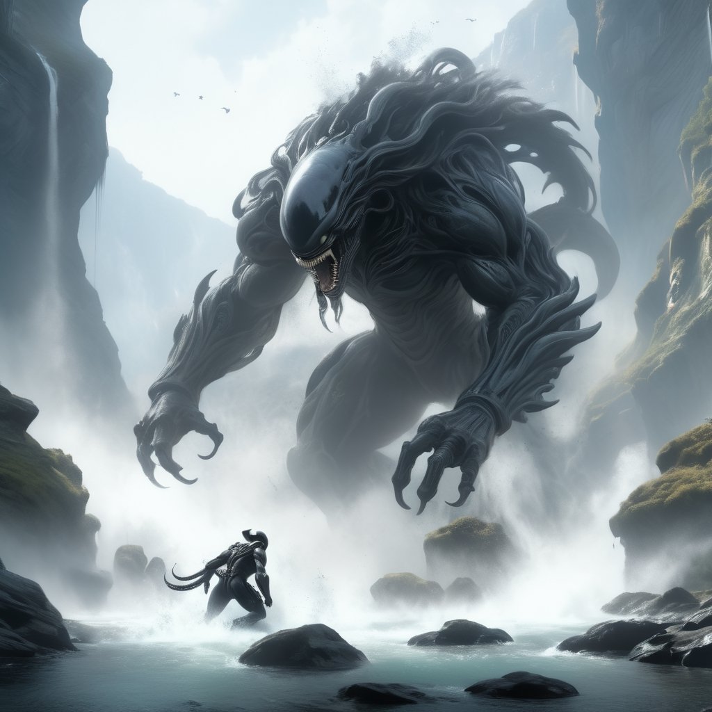 an alien xenomorph launches itself at a nearby victim, a giant bear,  motion blur, river scene,  splashing waterf, splashes, cliff, waterfalls, distant water mist and haze, cinematic wide shot,