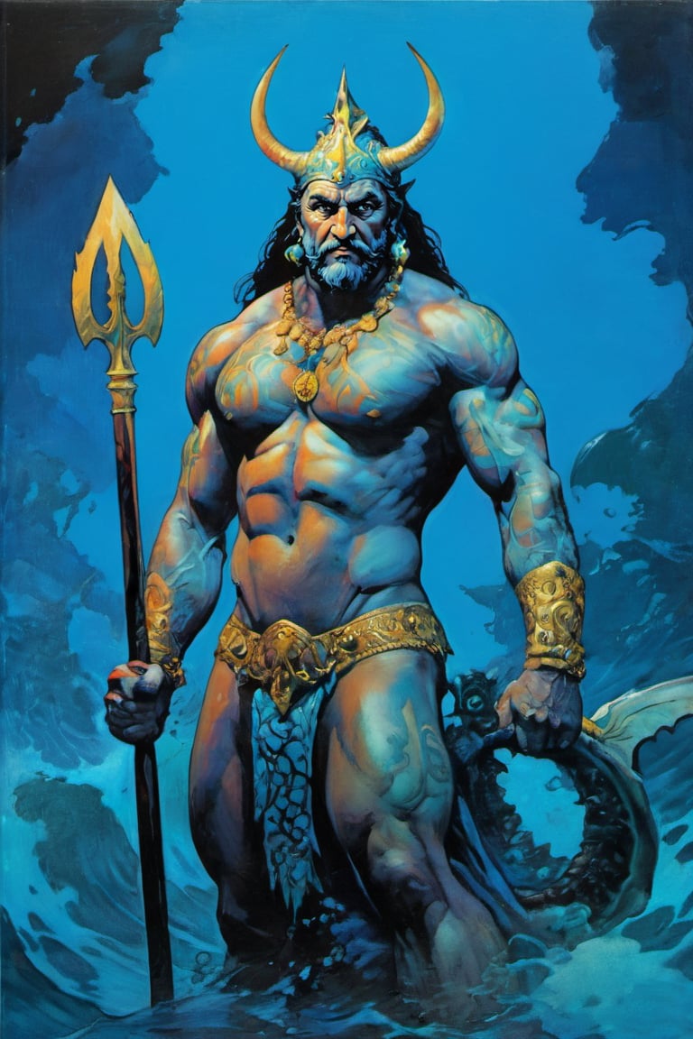 A dark, mist-shrouded ocean sprawls like a canvas behind Poseidon, King of the Ocean. His chiseled physique is illuminated by an eerie, glowing blue light, accentuating his heavily muscled frame and prominent biceps. Shaved hair reveals a series of neck tattoos in a style reminiscent of Andy Warhol's pop art. A gruesome, glam-inspired tattoo covers his torso, as if Ed Hardy himself had designed it. Brom's Horror Comics aesthetic dominates the scene, with Poseidon standing tall, his long, 3-pronged golden trident held aloft like a beacon of aquatic terror.