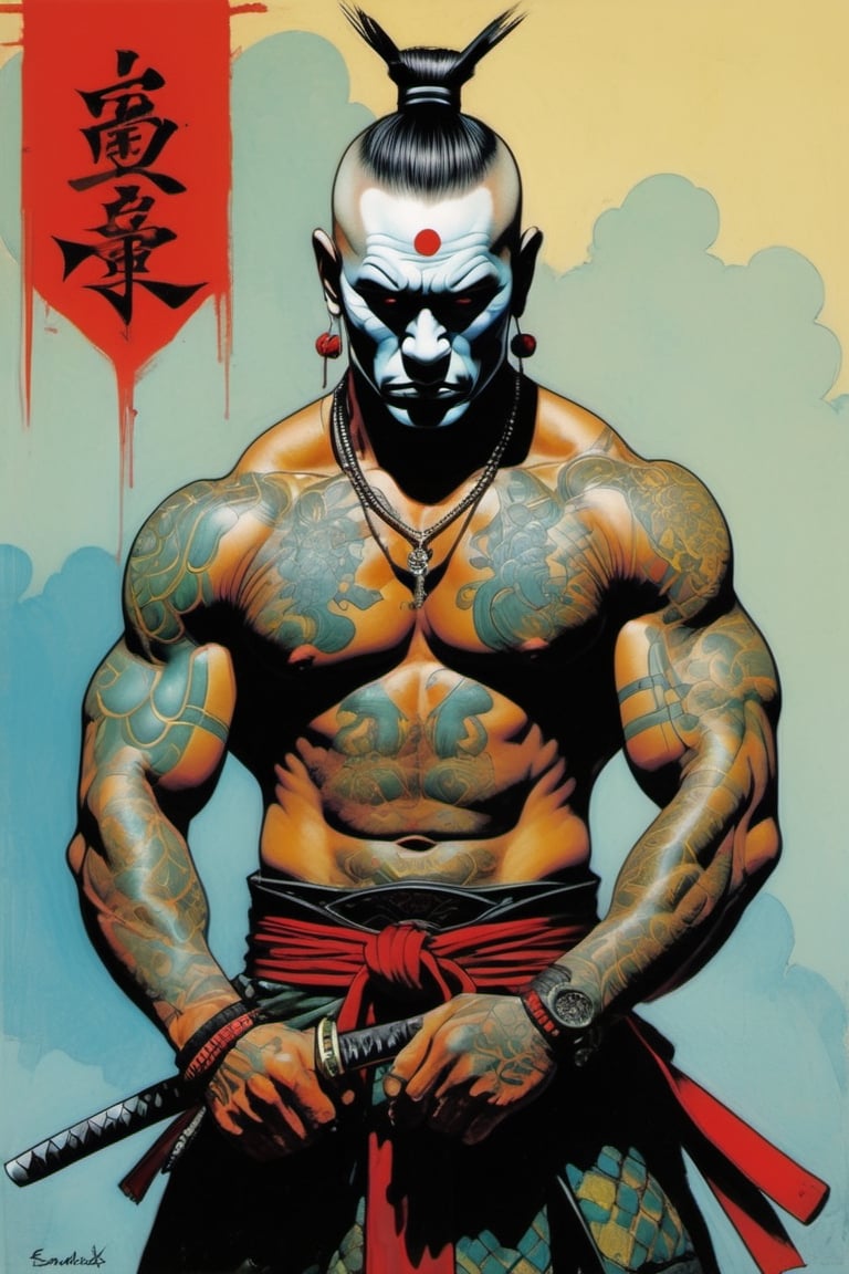 samurai, Horror Comics style, art by brom, tattoo by ed hardy, shaved hair, neck tattoos andy warhol, heavily muscled, biceps,glam gore, horror, demonic, hell visions, demonic women, military poster style, asian art, chequer board,