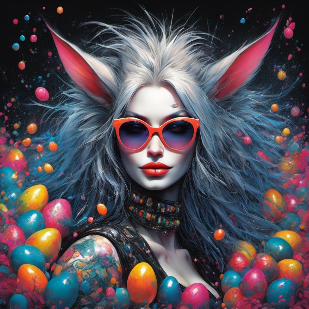 vogue easter bunny portrait, Horror Comics style, art by brom, smiling, lennon sunglasses, rabbit ears, rabbit nose, rabbit fur, punk hairdo, tattoo by ed hardy, shaved hair, playboy bunny outfit, bunny tail, neck tattoos by andy warhol, heavily muscled, biceps, glam gore, horror, poster style, flower garden, Easter eggs, coloured foil, oversized monarch butterflies, tropical fish, flower garden, 