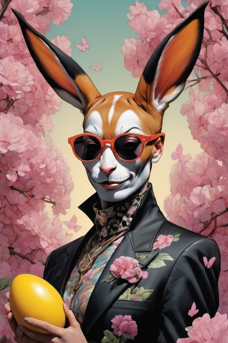 vogue easter ginger bunny portrait, Horror Comics style, art by brom, smiling, john lennon sunglasses, rabbit ears, rabbit nose, ginger rabbit fur, punk hairdo, tattoo by ed hardy, shaved hair, playboy bunny outfit, bunny tail, neck tattoos by andy warhol, heavily muscled, biceps, glam gore, horror, poster style, flower garden, Easter eggs, oversized monarch butterflies, tropical fish, flower garden, 