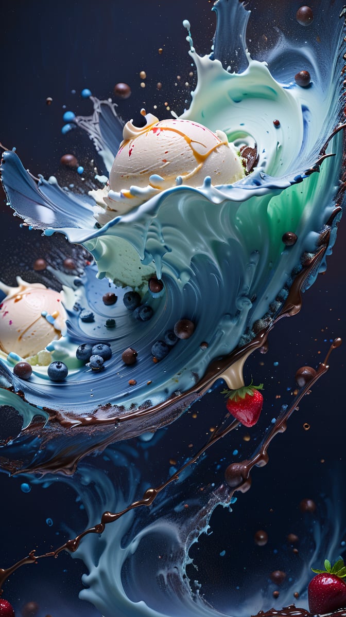 a macroscopic photograph of strawberry ice cream with cherry cream, ice cubes, maraschino cherries, blueberries, lychees , hundreds and thousands, dark chocolate sauce, nuts, mint leaves, splashing dark chocolate sauce, in a gradient honey  coloured background, fluid motion, dynamic movement, cinematic lighting, palette knife, digital artwork by Beksinski,action shot,sweetscape, 3D, oversized fruit, caramel theme, art by Klimt, airbrush art, food photography, food explosion background