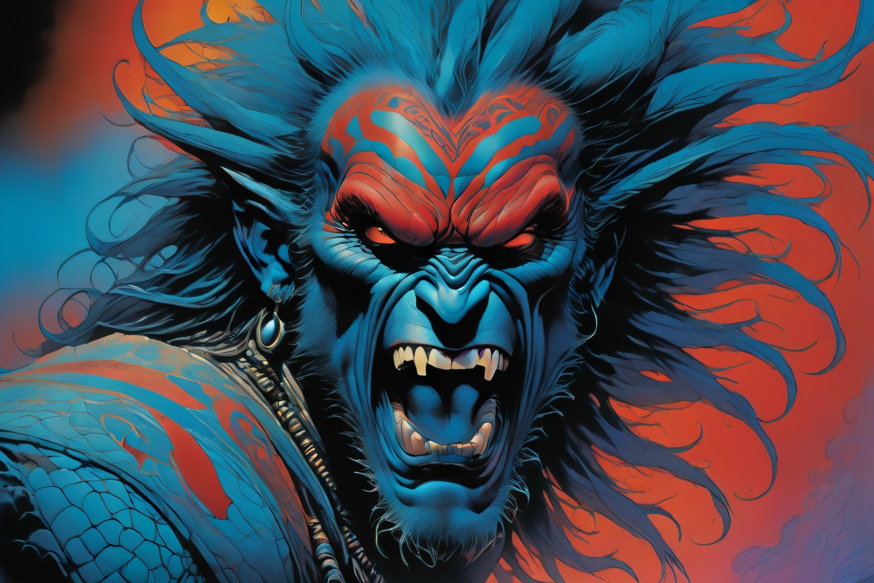 close up of the mans face, a sexy black african mans arm and shoulder, man is staring screaming at the viewer, raging, long hair, the arm and shoulder are covered in a very detailed intricate red and blue dragon tattoo that is protruding outfrom the skin, coming alive, its screaming, scratching, similar to dragon tattoo by Boris Vallejo, slowly you see the small dragon tattoo in parts is coming out of the skin and becoming a real version of the tattoo, sticking out, scales, extended claws, spit, spittle, blood drops, 16K, movie still, cinematic, ,omatsuri,DonMn1ghtm4reXL,DonMWr41thXL ,potma style,monster,retropunk style,Starship,zj,oni style,DonM5yn1hXL