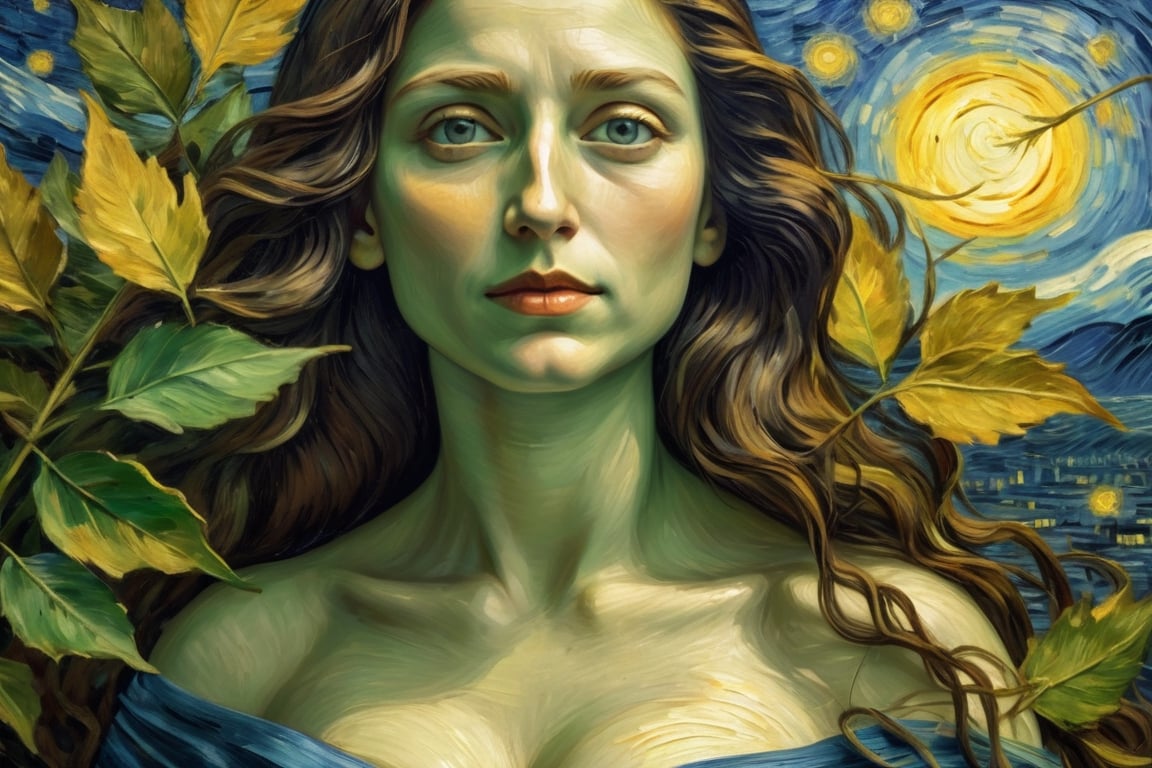 By Van Gogh, Sun, wind, sunny day, oil paint painting, highly detailed, sharpness, dynamic lighting, super detailing, van gogh starry nights background, painterley effect,Oil painting of Mona Lisa ,Leaf,art by sargent