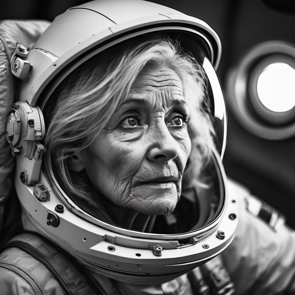 astronaut female, head uncovered,  lost, lost in space, mars, solo, looking at viewer, 1 woman, monochrome, upper body, greyscale, female focus, old, old woman, no clothing, wild and windswept hair, grey hair, straggly hair, forlorn, lost, a worn out worried look in her eyes and face, all focus on the eyes, short 2 inch depth of field, tamron 1000 mm telephoto lens, f2.8, cinematic angle, looking from above the eyeline down back at the woman, angled, extreme close up shot,  eyes only, 