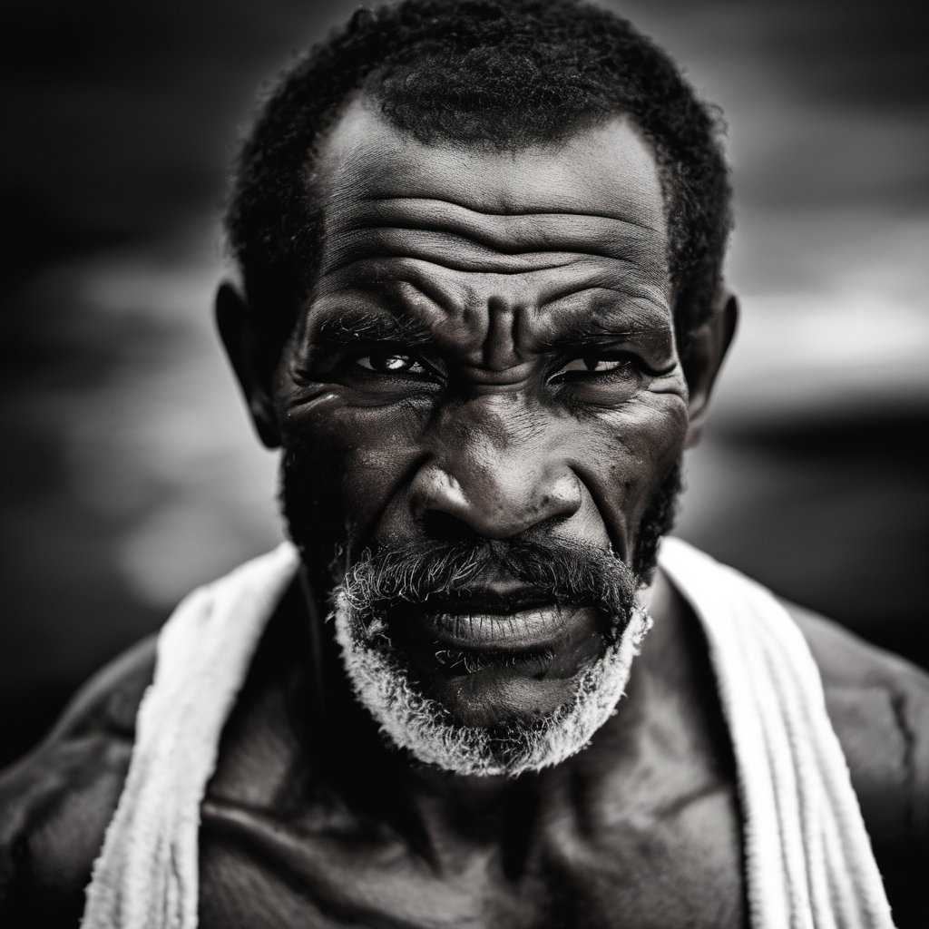 a defeated bare knuckle boxer male, old b;ack african man, head uncovered,  battle scarred, solo, looking at viewer, 1 man, monochrome, upper body, greyscale, male focus, 2 ft facial hair,2 ft beard, 12 inch mustache, old, old man, no clothing, long bushy unkempt hair, long bushy beard, wild and windswept, forlorn, a worn out worried look in his eyes and face, all focus on the eyes, short 2 inch depth of field, tamron 1000 mm telephoto lens, f2.8, cinematic angle, looking from above the eyeline down back at the man, angled, extreme close up shot,  eyes only, teeth bashed out, swollen eye, broken nose, cut eyebrows, no teeth, a towel, a singlet, bloodstained, mouth open and smiling , few teeth, 