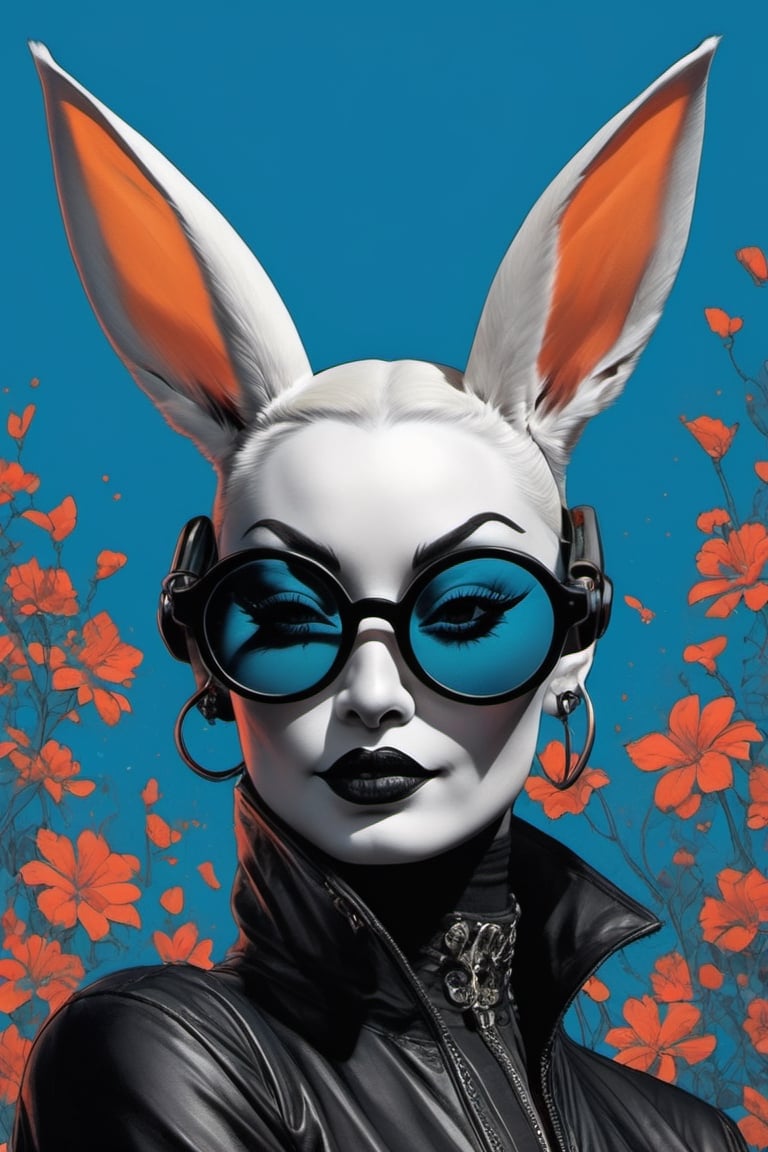 a monochrome high art print, vogue easter white and black kiss make up bunny portrait, Horror Comics style, art by brom, smiling, john lennon sunglasses, rabbit ears, rabbit nose, ginger rabbit fur, punk hairdo, tattoo by ed hardy, shaved hair, playboy bunny outfit, bunny tail, neck tattoos by andy warhol, heavily muscled, biceps, glam gore, horror, poster style, flower garden, Easter eggs, oversized monarch butterflies, tropical fish, flower garden, 