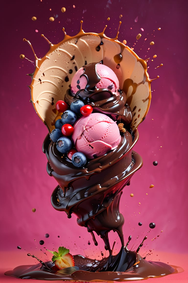 a macroscopic photograph of strawberry ice cream with cherry cream, ice cubes, maraschino cherries, blueberries, lychees , hundreds and thousands, dark chocolate sauce, nuts, mint leaves, splashing dark chocolate sauce, in a gradient honey  coloured background, fluid motion, dynamic movement, cinematic lighting, palette knife, digital artwork by Beksinski,action shot,sweetscape, 3D, oversized fruit, caramel theme, art by Klimt, airbrush art, food photography, food explosion background