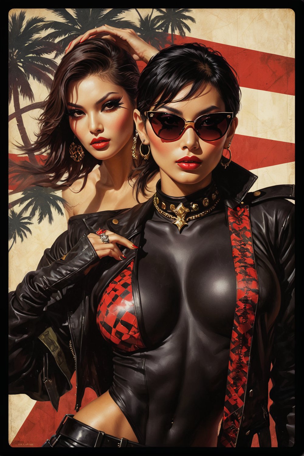 art by Masamune Shirow, art by J.C. Leyendecker, art by boris vallejo, a masterpiece, stunning beauty, hyper-realistic oil painting, vibrant colors, Horror Comics style, art by brom, tattoo by ed hardy, a woman, shaved hair, neck tattoos by andy warhol, heavily muscled, biceps,glam gore, covered heavily in crisp dark  demonic tattoos, horror, demonic, hell visions, demonic women, military poster style, asian art, chequer board, wearing mirrored sunglasses, dark chiarascuro lighting, a telephoto shot, 1000mm lens, f2,8 , grunge style , abstract, illustration, 1960 aesthetics, minimalistic, trendy, mixed media, vector art, 1girl, female focus,  text focus, gradient background, palm trees, diamond \(symbol\), glow, the text "TAVITANIKO" in arial ,artint