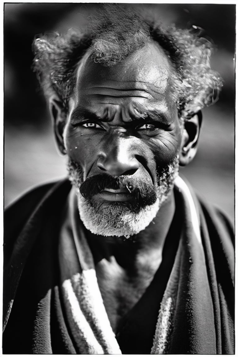 a defeated bare knuckle boxer male, old b;ack african man, head uncovered,  battle scarred, solo, looking at viewer, 1 man, monochrome, upper body, greyscale, male focus, 2 ft facial hair,2 ft beard, 12 inch mustache, old, old man, no clothing, long bushy unkempt hair, long bushy beard, wild and windswept, forlorn, a worn out worried look in his eyes and face, all focus on the eyes, short 2 inch depth of field, tamron 1000 mm telephoto lens, f2.8, cinematic angle, looking from above the eyeline down back at the man, angled, extreme close up shot,  eyes only, teeth bashed out, swollen eye, broken nose, cut eyebrows, no teeth, a towel, a singlet, bloodstained, mouth open and smiling , few teeth, 