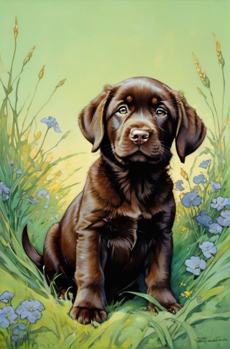  art nouveau style, an oil painting, a masterpiece, a chocolate Labrador puppy, art by TavitaNiko, art by mel odom, art by Klimt , art by brom, art by Warhol, art by frazetta, poster style, Russian art, mint green grass, chocolate puppy fur, 