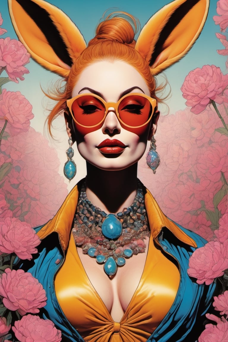 vogue easter ginger bunny portrait, Horror Comics style, art by brom, smiling, john lennon sunglasses, rabbit ears, rabbit nose, ginger rabbit fur, punk hairdo, tattoo by ed hardy, shaved hair, playboy bunny outfit, bunny tail, neck tattoos by andy warhol, heavily muscled, biceps, glam gore, horror, poster style, flower garden, Easter eggs, oversized monarch butterflies, tropical fish, flower garden, 