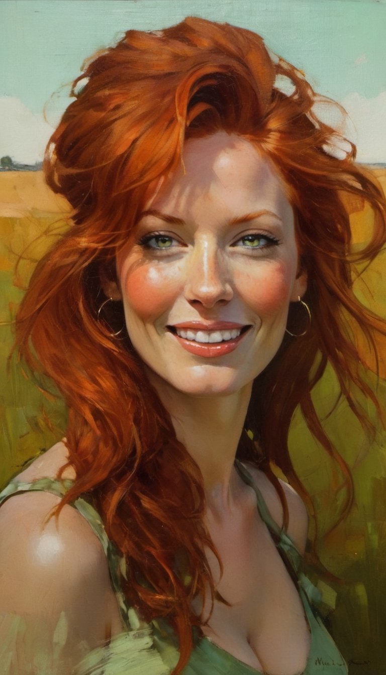 an oil painting, a masterpiece, art by michael carson, a red haired woman, staring at the viewer, green eyes, a happy smile, wind blown hair, 