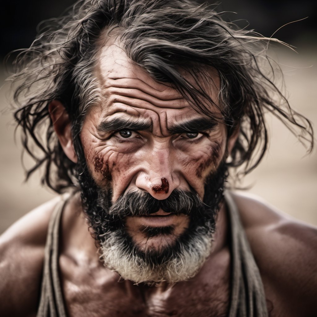 a defeated bare knuckle boxer male, old man, head uncovered,  battle scarred, solo, looking at viewer, 1 man, monochrome, upper body, greyscale, male focus, 2 ft facial hair,2 ft beard, 12 inch mustache, old, old man, no clothing, long bushy unkempt hair, long bushy beard, wild and windswept, forlorn, a worn out worried look in his eyes and face, all focus on the eyes, short 2 inch depth of field, tamron 1000 mm telephoto lens, f2.8, cinematic angle, looking from above the eyeline down back at the man, angled, extreme close up shot,  eyes only, teeth bashed out, swollen eye, broken nose, cut eyebrows, no teeth, a towel, a singlet, bloodstained, mouth open and smiling , few teeth, 