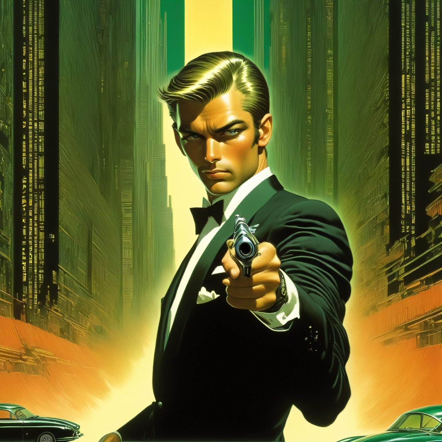 art by Masamune Shirow, art by J.C. Leyendecker, art by boris vallejo, a masterpiece, stunning beauty, hyper-realistic oil painting, vibrant colors, a James Bond type character, dark chiarascuro lighting, aiming a Luger pistol at the viewer, fighting bad guys, driving an Aston Martin, a telephoto shot, 1000mm lens, f2,8,vertical lines of green matrix code