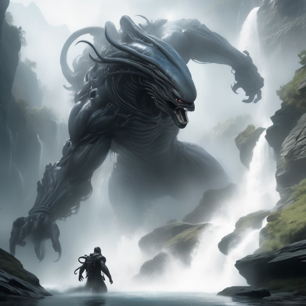 an alien xenomorph launches itself at a nearby victim, a giant bear,  motion blur, river scene,  splashing waterf, splashes, cliff, waterfalls, distant water mist and haze, cinematic wide shot,