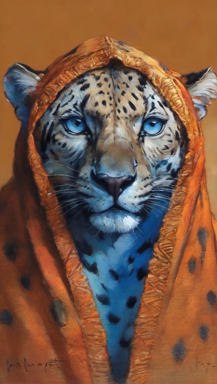 An leopard like creature, black and white leopard spots with zebra stripes on its face, pale blue eyes, it wears a desert cape, fr4z3tt4 ,more detail XL,art by sargent