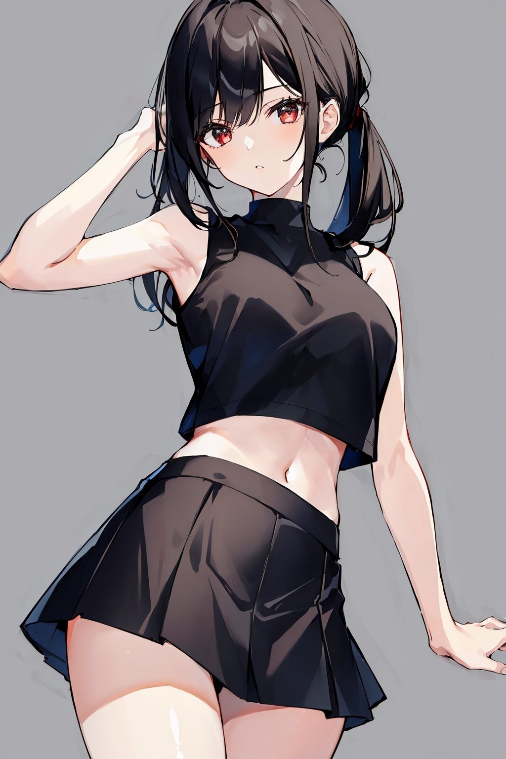 masterpiece, best quality, highres, simple background, 1girl, black hair, sleeveless shirt, miniskirt, 