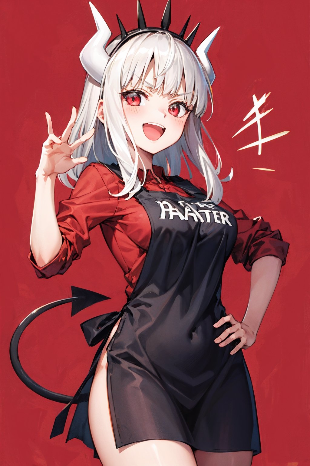 ojou-sama pose, arm up, 1girl, tail, lucifer (helltaker), horns, white hair, red eyes, demon tail, solo, demon girl, apron, black apron, breasts, open mouth, smile, shirt, red shirt, hand on hip, demon horns, looking at viewer, red background, white horns, simple background, pink background, sleeves rolled up, bangs, large breasts