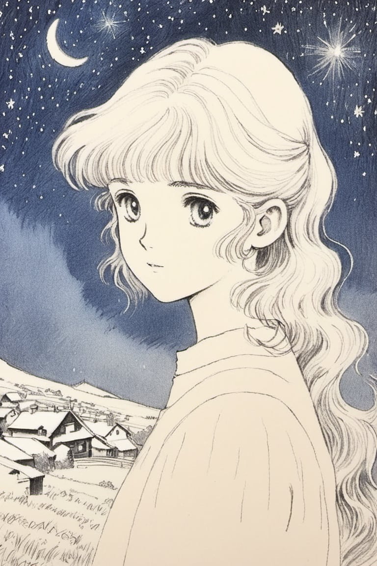 Young girl, midnight, starlit sky, small rural village, Ghibli style, (Best quality:1.5, masterpiece:1.5), pencil draw