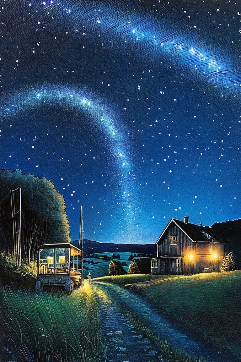 Young girl, midnight, starlit sky, small rural village, Ghibli style, (Best quality:1.5, masterpiece:1.5), pencil draw