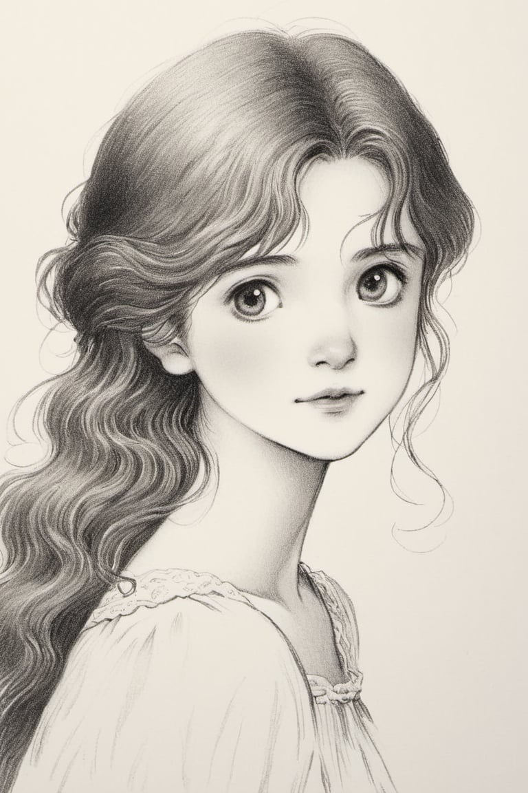 Young girl, midnight, starlit sky, small rural village, Ghibli style, (Best quality:1.5, masterpiece:1.5), pencil draw