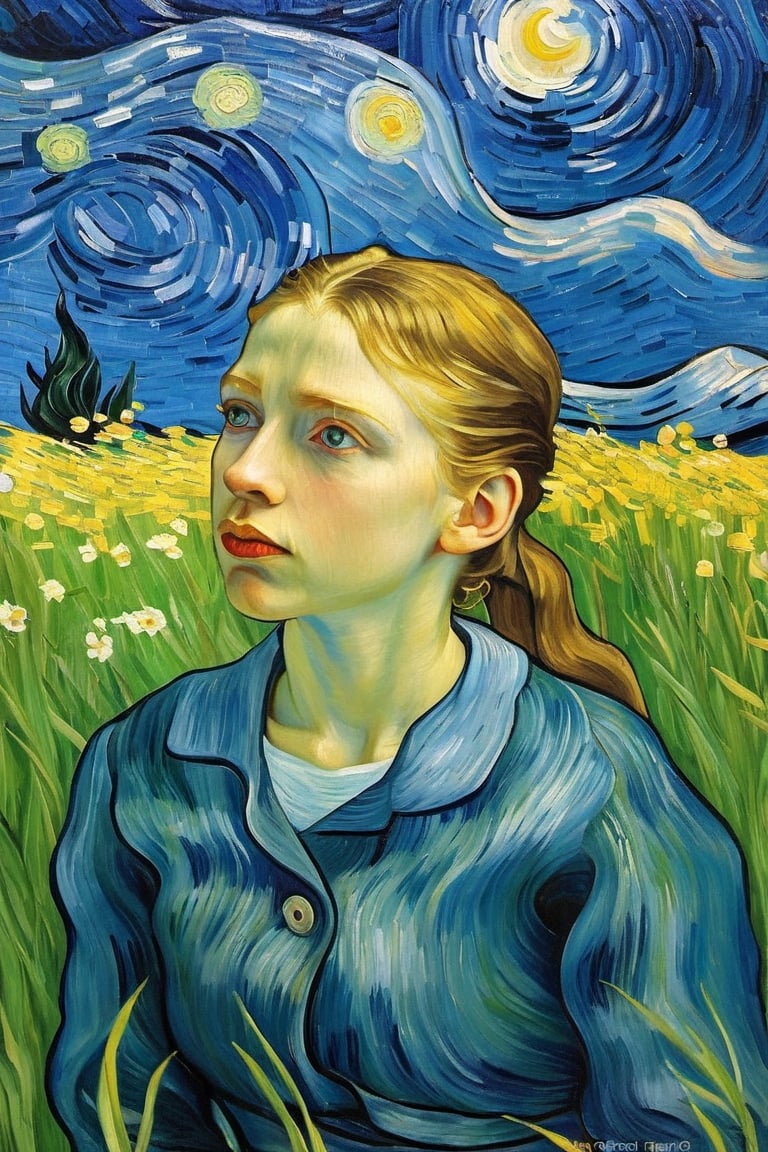 Young girl, stars, night sky, grassy meadow, gazing upwards, (Starry Night by Van Gogh:1.5), (dreamy:1.5), (Best quality:1.5, masterpiece:1.5).