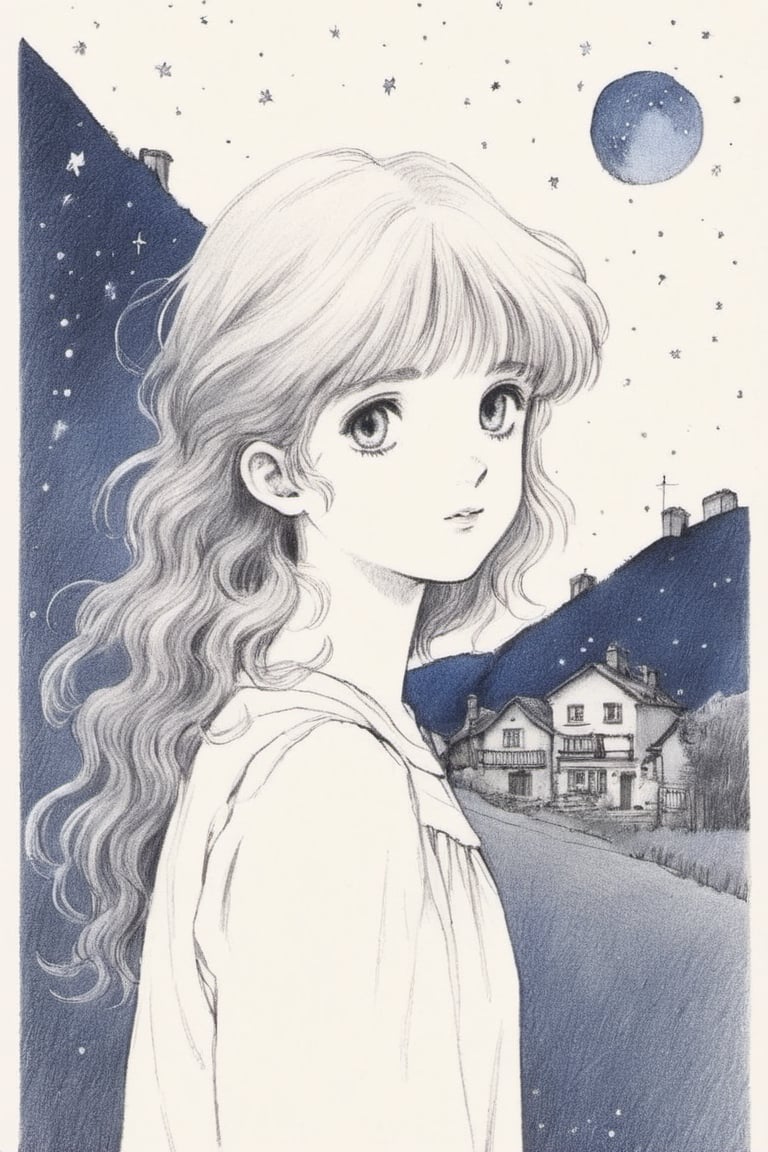 Young girl, midnight, starlit sky, small rural village, Ghibli style, (Best quality:1.5, masterpiece:1.5), pencil draw