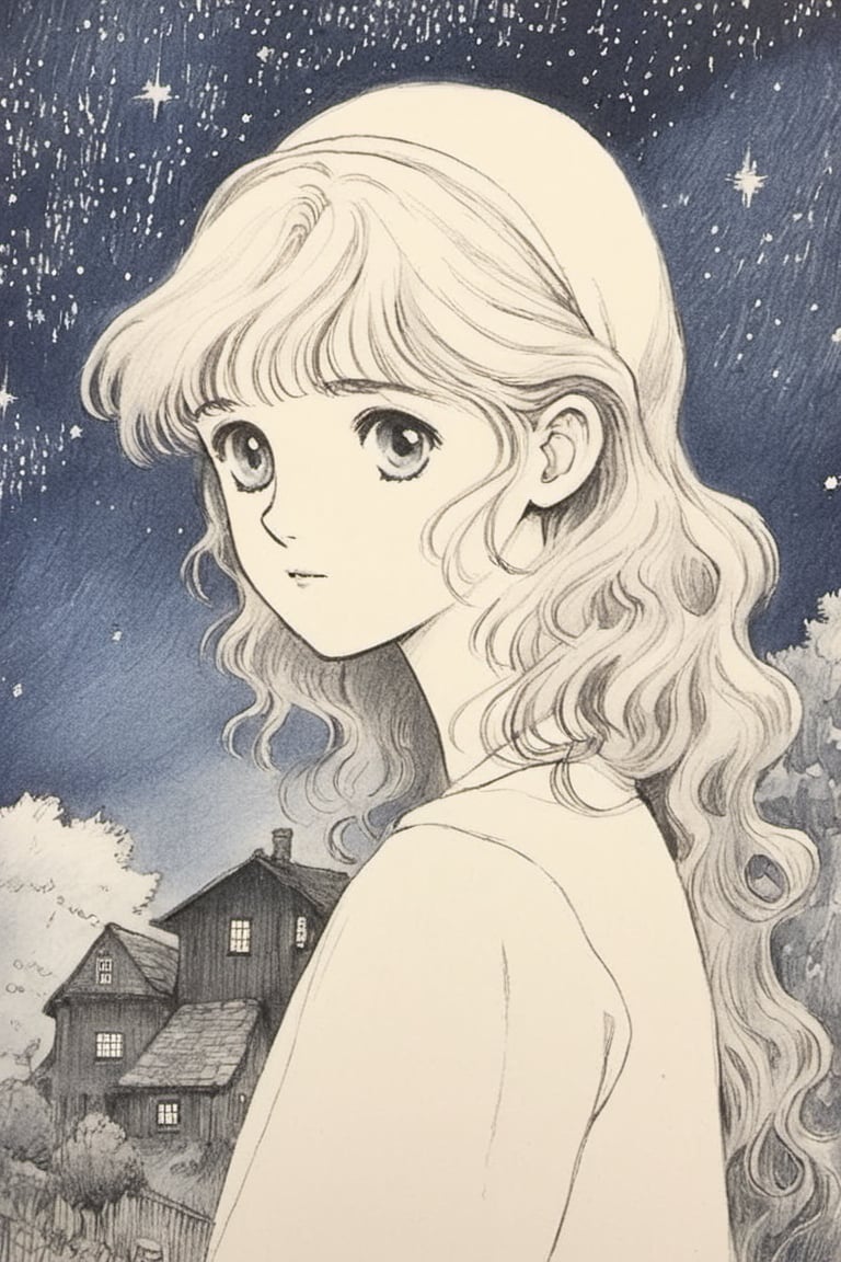 Young girl, midnight, starlit sky, small rural village, Ghibli style, (Best quality:1.5, masterpiece:1.5), pencil draw