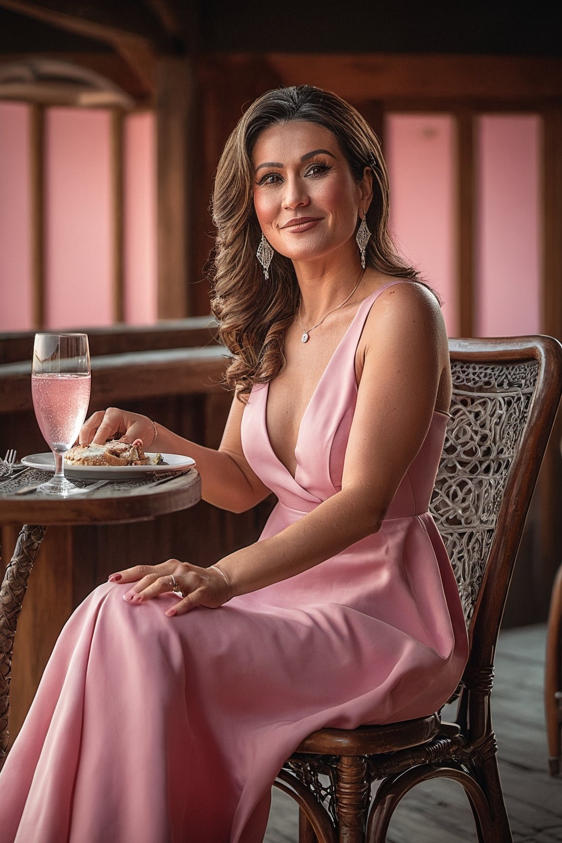 30 years old woman, sitting on chair, pink dress, Tokina AT-X 11-16mm F/2.8 Pro DX II, enchanting lighting, lively tavern scenes, photo-realistic techniques, Artgerm style, Poolcore, (Best quality:1.5, masterpiece:1.5)