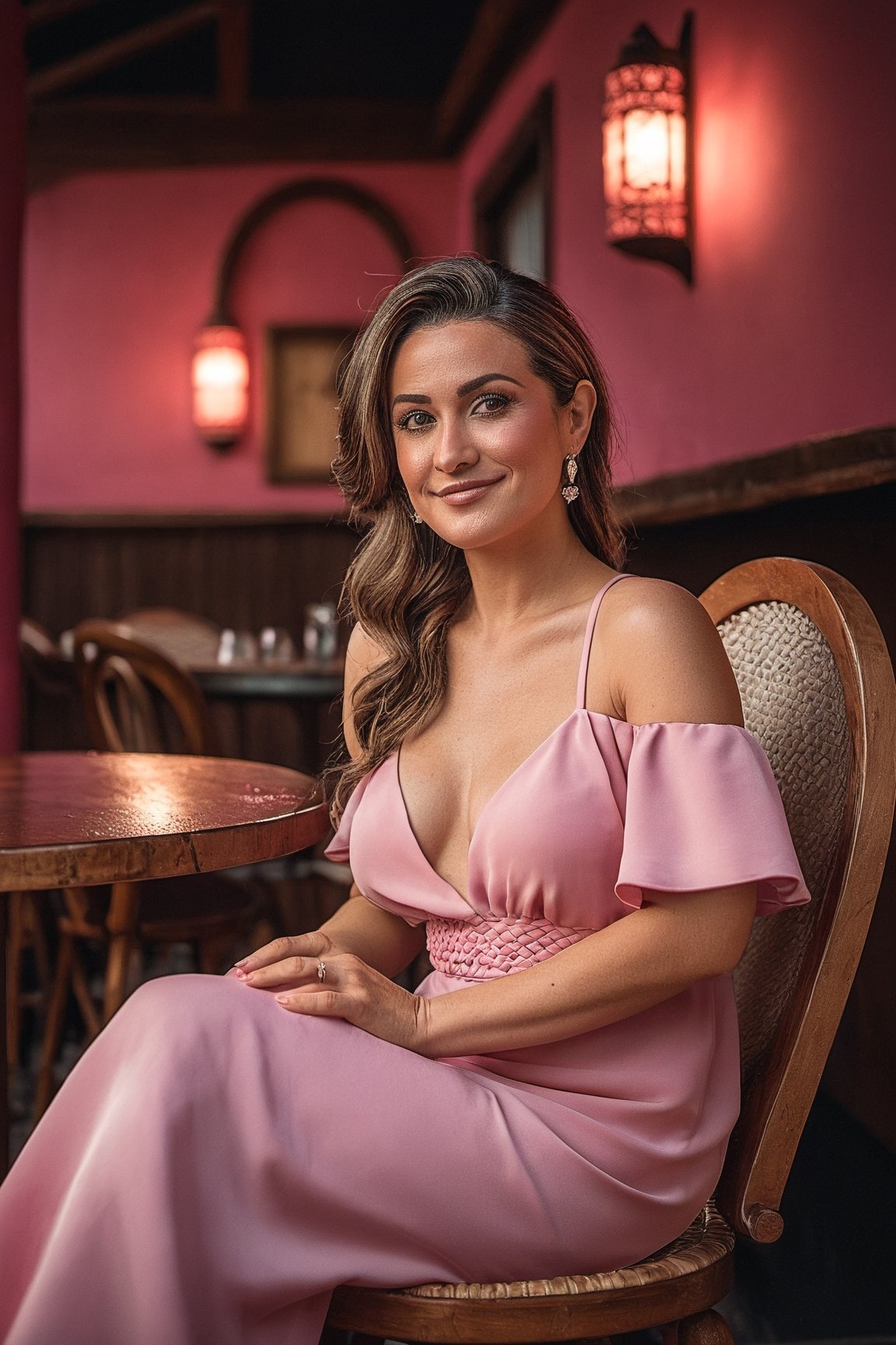 30 years old woman, sitting on chair, pink dress, Tokina AT-X 11-16mm F/2.8 Pro DX II, enchanting lighting, lively tavern scenes, photo-realistic techniques, Artgerm style, Poolcore, (Best quality:1.5, masterpiece:1.5)