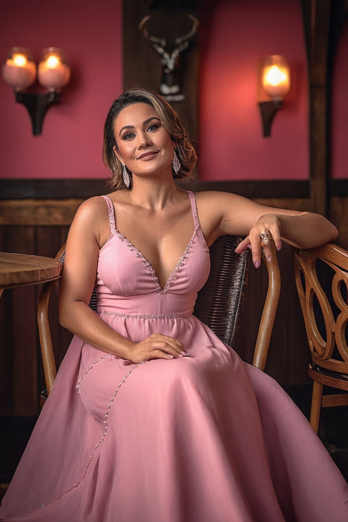 30 years old woman, sitting on chair, pink dress, Tokina AT-X 11-16mm F/2.8 Pro DX II, enchanting lighting, lively tavern scenes, photo-realistic techniques, Artgerm style, Poolcore, (Best quality:1.5, masterpiece:1.5)