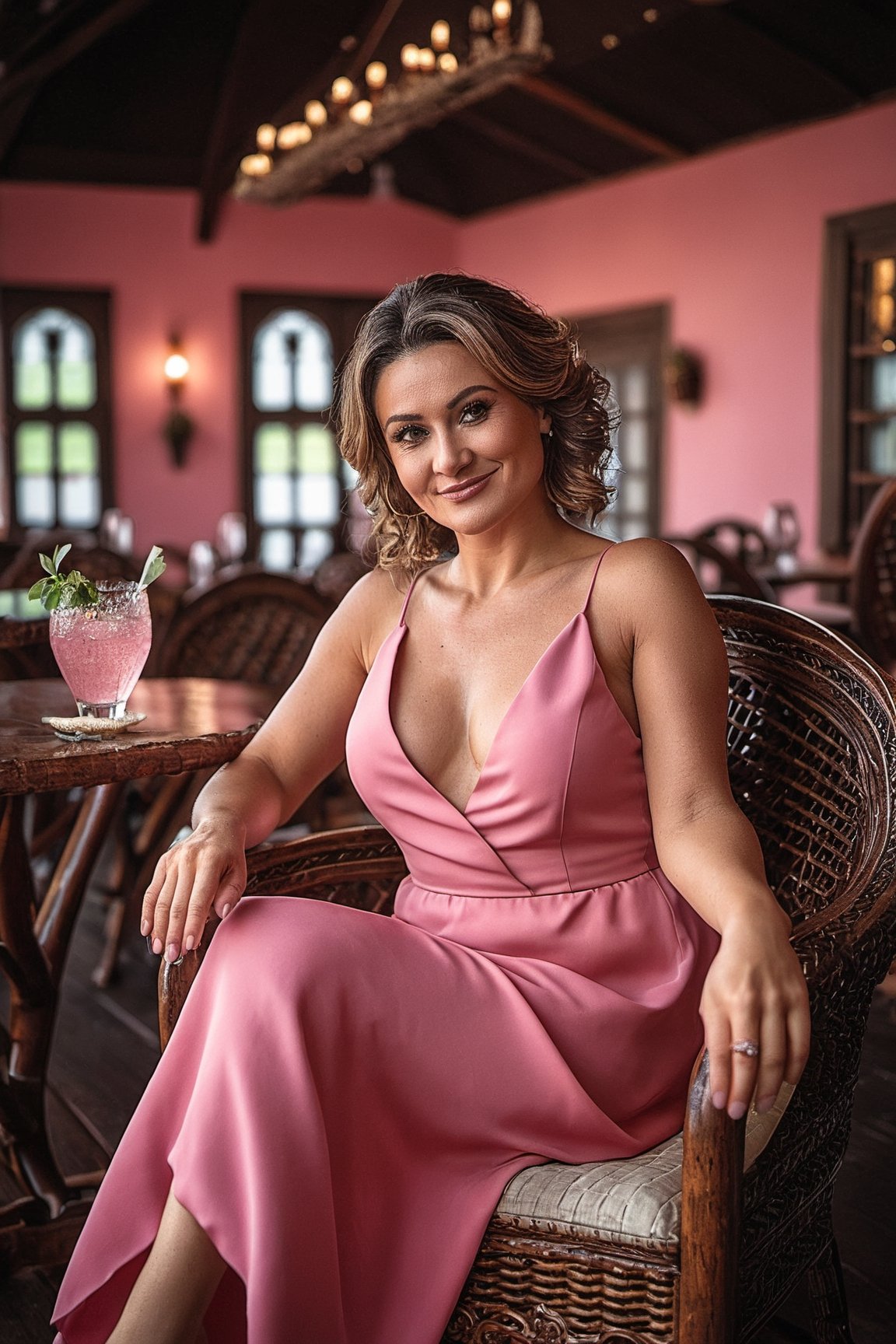 30 years old woman, sitting on chair, pink dress, Tokina AT-X 11-16mm F/2.8 Pro DX II, enchanting lighting, lively tavern scenes, photo-realistic techniques, Artgerm style, Poolcore, (Best quality:1.5, masterpiece:1.5)