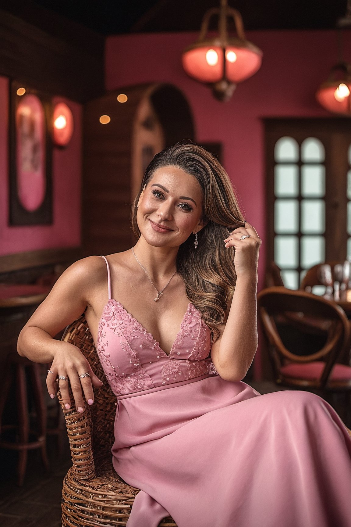 30 years old woman, sitting on chair, pink dress, Tokina AT-X 11-16mm F/2.8 Pro DX II, enchanting lighting, lively tavern scenes, photo-realistic techniques, Artgerm style, Poolcore, (Best quality:1.5, masterpiece:1.5)