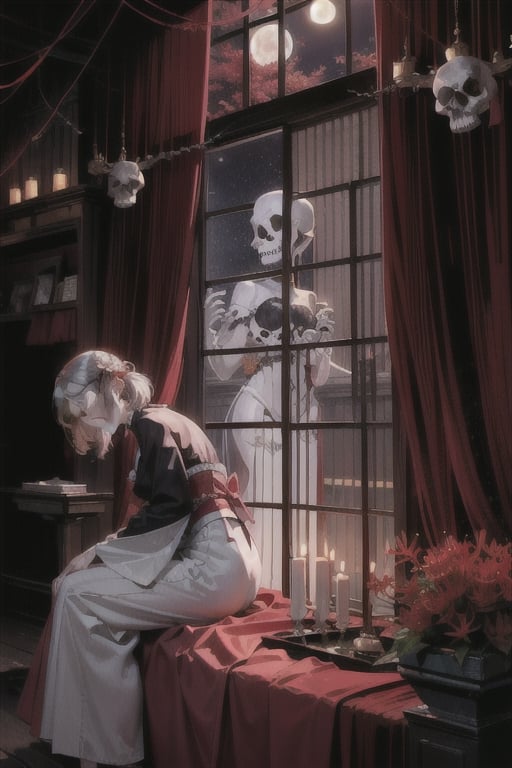 (masterpiece), best quality, expressive eyes, perfect face,
(A Japanese landscape, all the red flowers are spider lilies, the moon is red, the moonlight is red, there are rotting skulls here and there, and Japanese candles are lit on the skulls giving off a pale red light),
(In the center is a fair-skinned woman wearing a black kimono with a bobbed head and a hairpin shaped like an spider lily, sitting straight and looking towards me. Due to the backlight, I can clearly see the woman's silhouette, but I can't see her expression clearly, but that's her gaze. It glows suspiciously red, and I can only clearly see it by your gaze),
