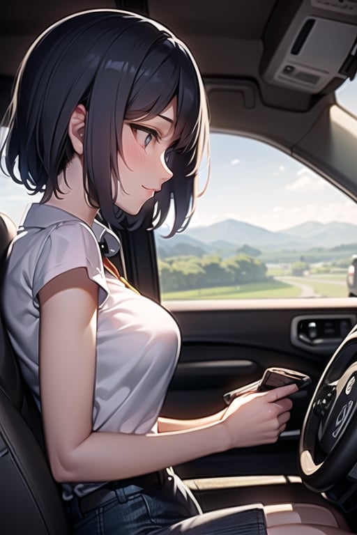 The dark-skinned, short-haired girl who drives a large truck is definitely a professional driver as she drives safely through mountainous areas, ((wearing a seatbelt:1.4)),
((Appearance while driving a truck:1.4)), ((mini_skirt)), 
((Holding the steering wheel while driving a truck)),
((side view, from side)),
